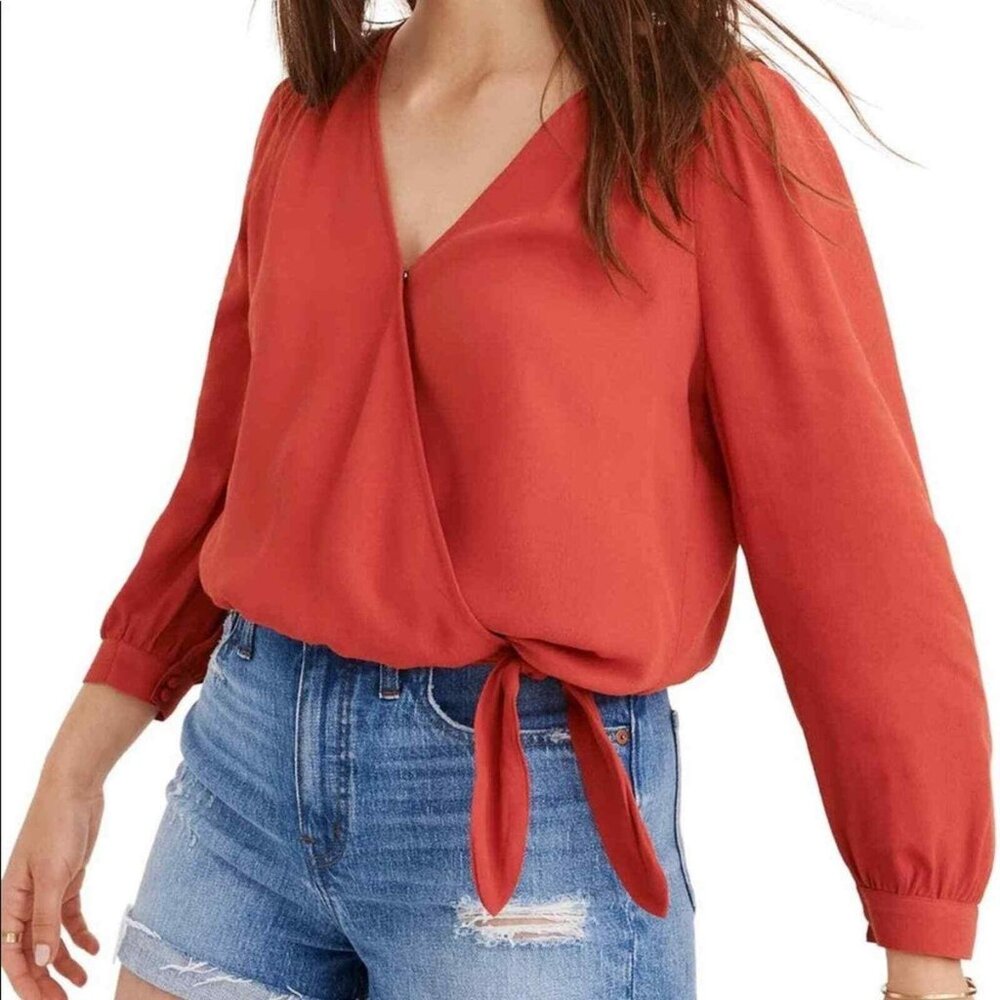 Madewell Crepe Wrap Top In Bright Ember Blouse Red Small NWT